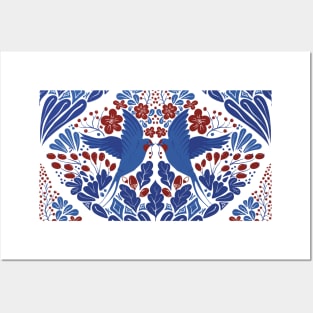 Swallow and flowers |Classic red blue white colors Posters and Art